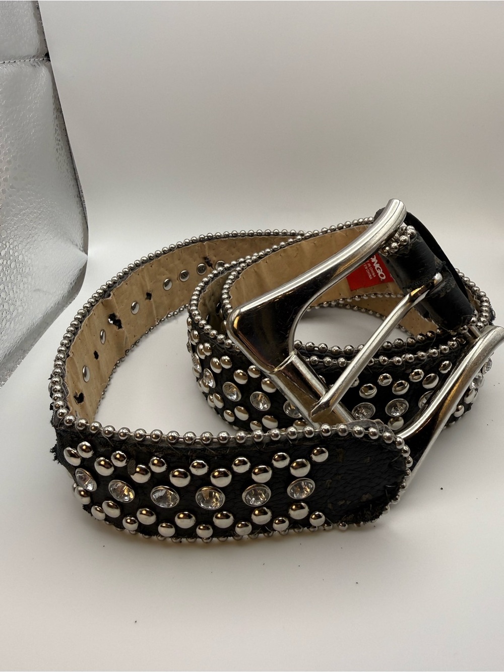 Y2K Bongo Studded Black Leather Belt with Crystal Accents.